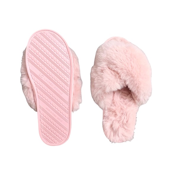 ❌SOLD❌ Lauren Conrad Pink Crossover Faux Fur Slipper Fuzzy Soft CrissCross M 7-8 - Picture 5 of 8